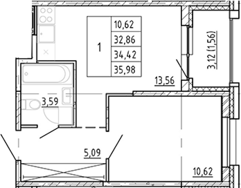 1-комнатная квартира 32.86 м², 10/12 эт., ЖК «Полис Новоселье»